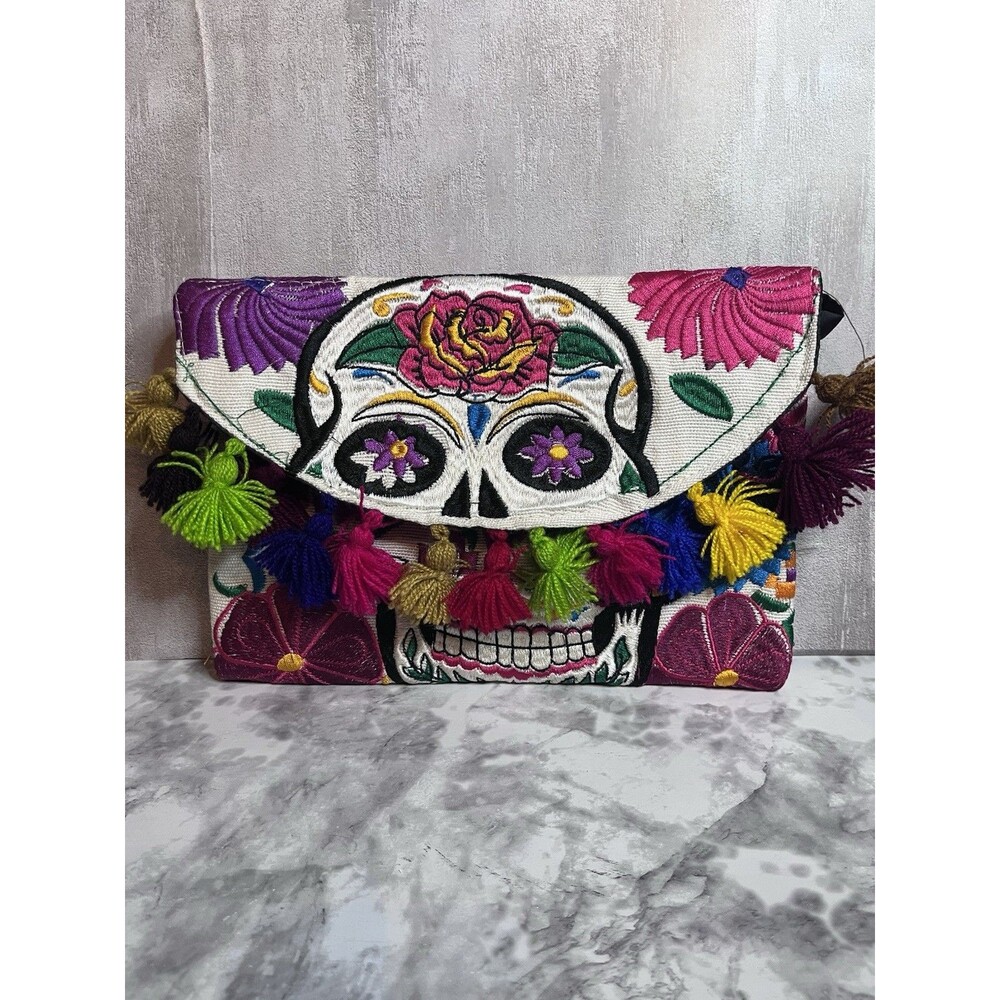 Sugar Skull Embroidered Clutch Purse Boho Folk Art Dia de los Muertos Tassel Bag
